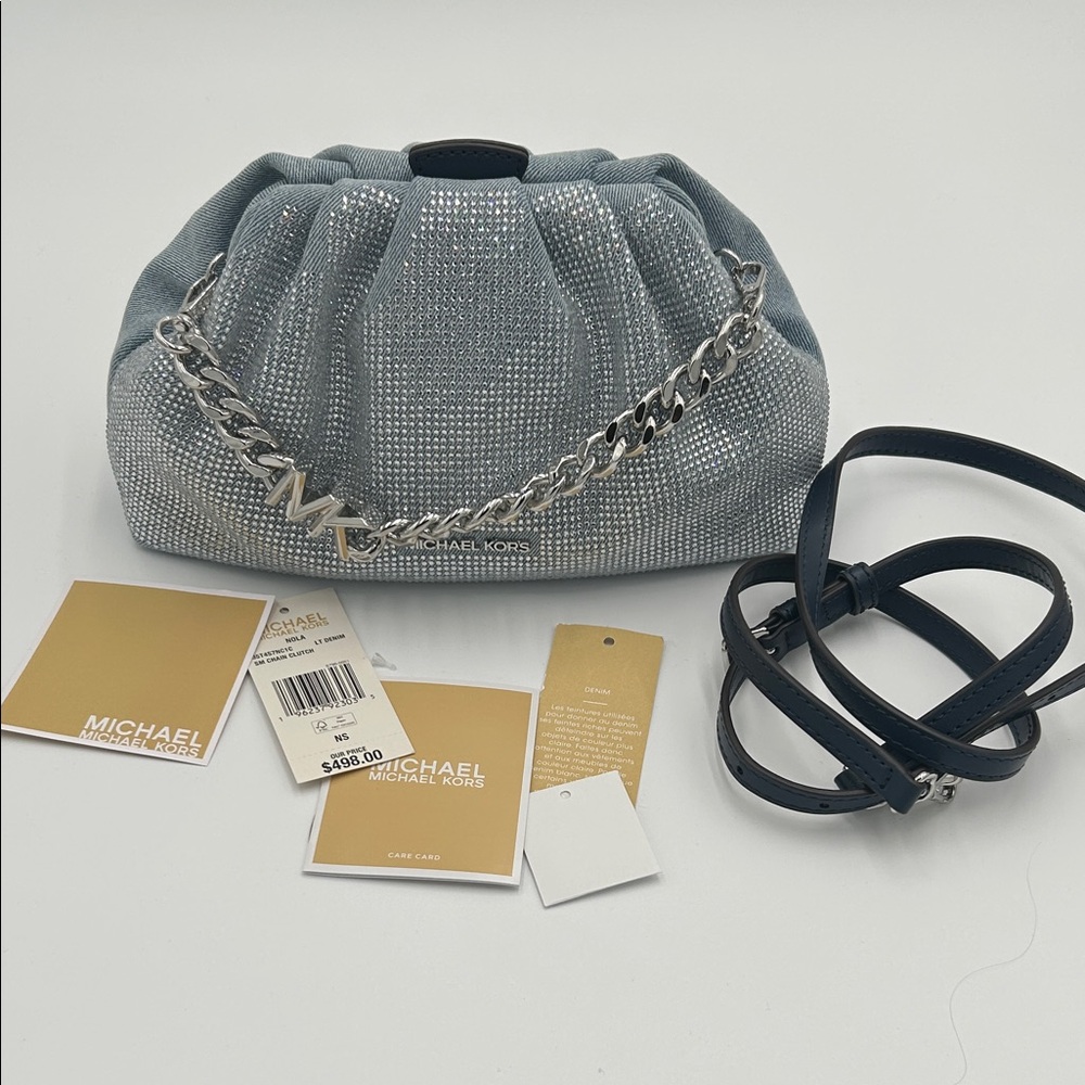 Michael Kors Metallic Silver Clutch with Chain Detail